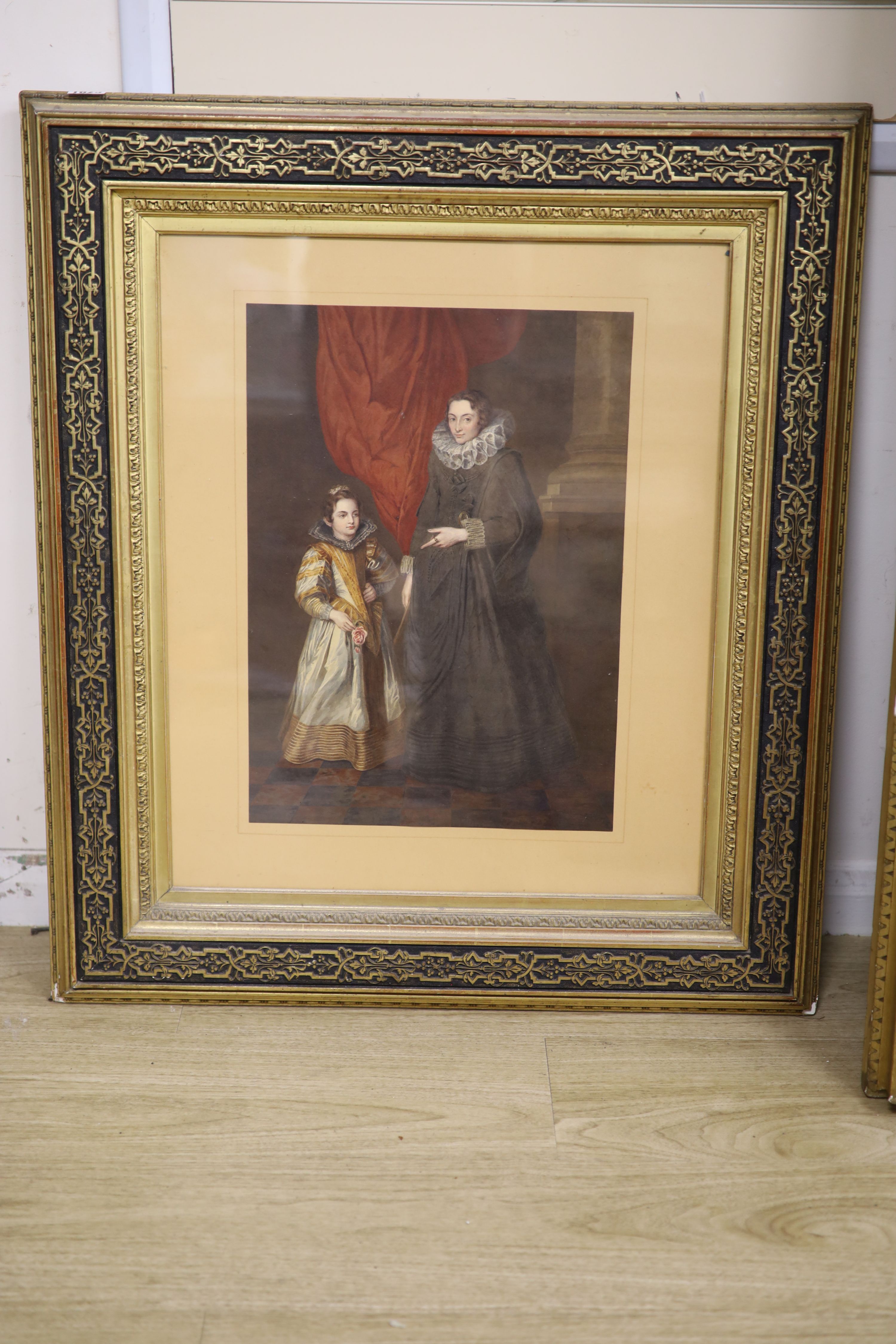 English School c.1900, watercolour, Portrait of a 17th century mother and child, 47 x 33cm